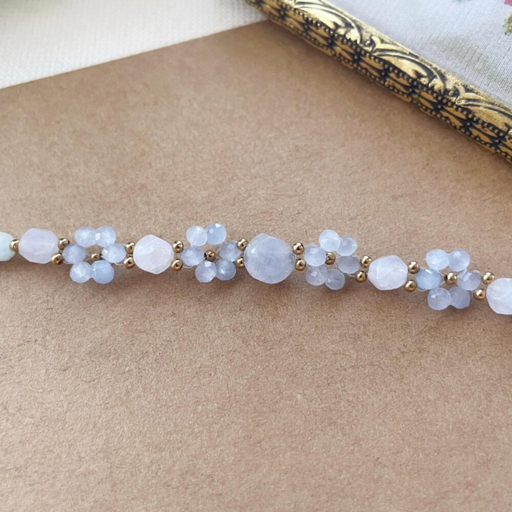 Aquamarine floral bracelet, Faceted gemstone beaded bracelet, Dreamy ocean